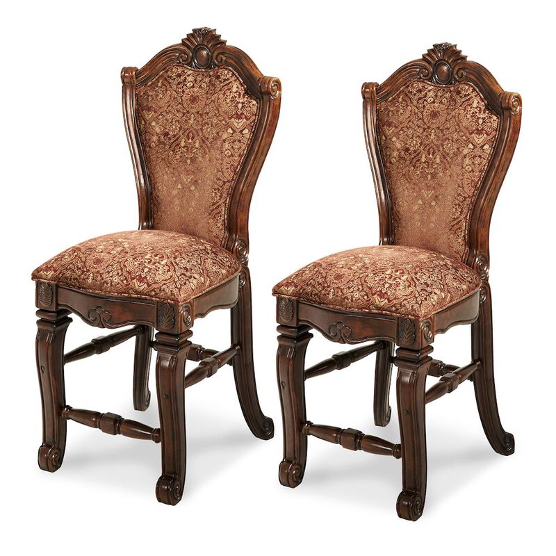 Michael Amini Windsor Court Counter Height Chair - Vintage Fruitwood Set of 2