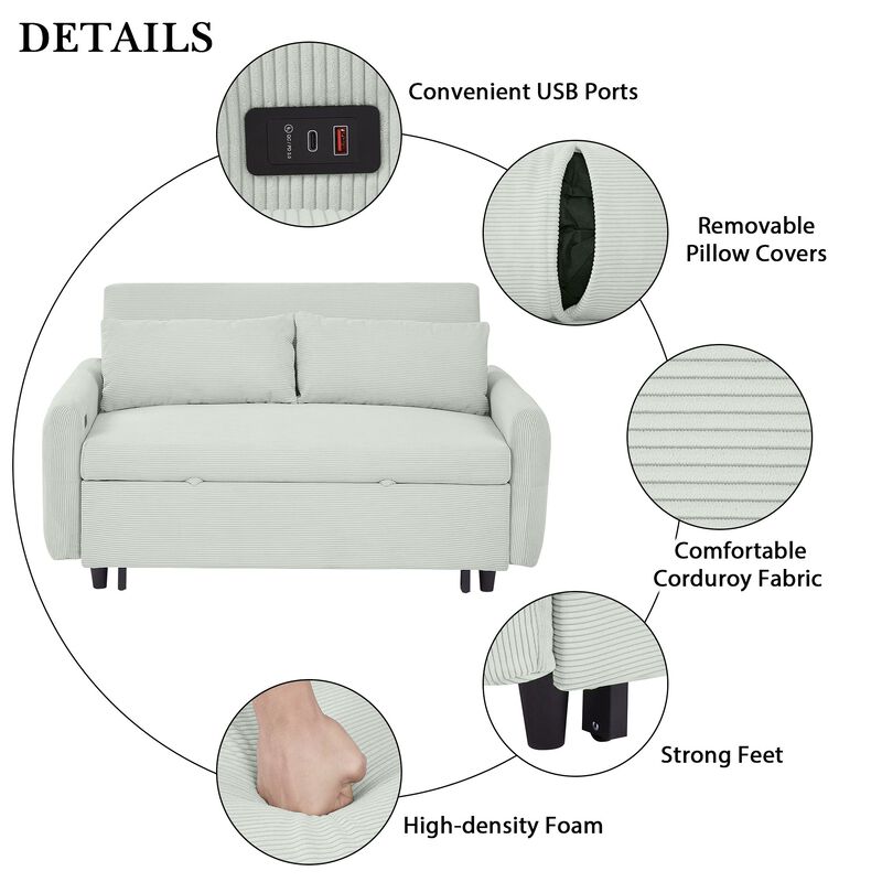 Clihome Multi-Angle Reclining Soft Corduroy Sofa Bed,3-Position Adjustable Backrest with USB Ports image number 5