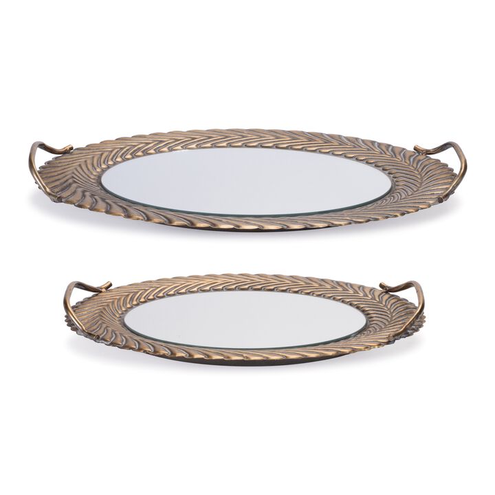 Set of 2 Mirror Trays with Ornate Metal Frames for Vanity, Table, or Decor Display
