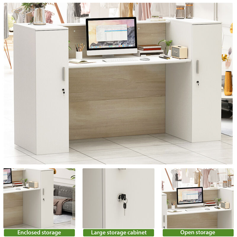FUFU&GAGA Reception Desk with Dual Cabinets and Open Workspace, (70.9" W x 23.6" D x 43.3" H),White and Brown