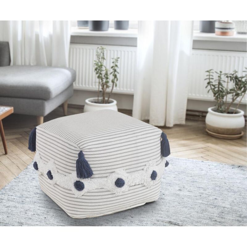Hivvago 18 Inch Gray Cotton Striped Pouf Ottoman