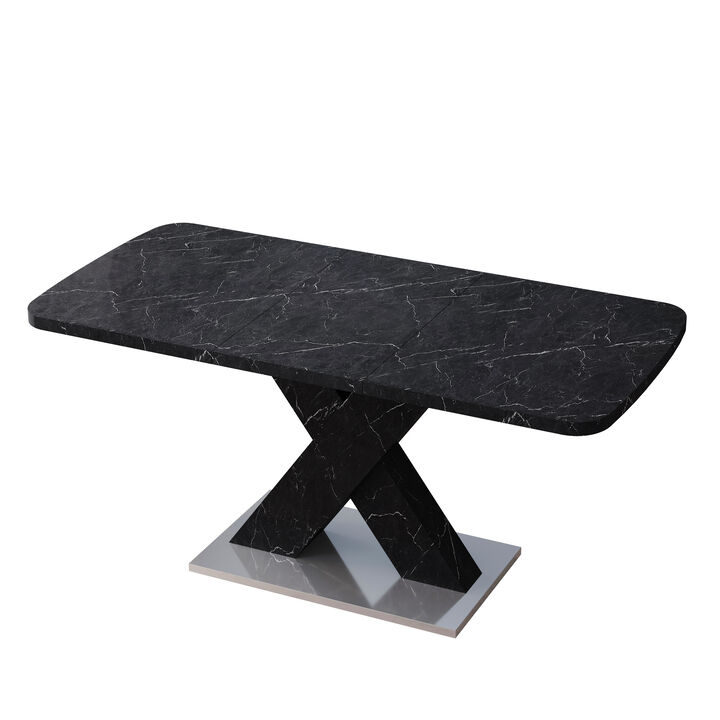 Modern Square Dining Table,Stretchable,Printed Black Marble Table Top+MDF X-Shape Table Leg with Metal Base