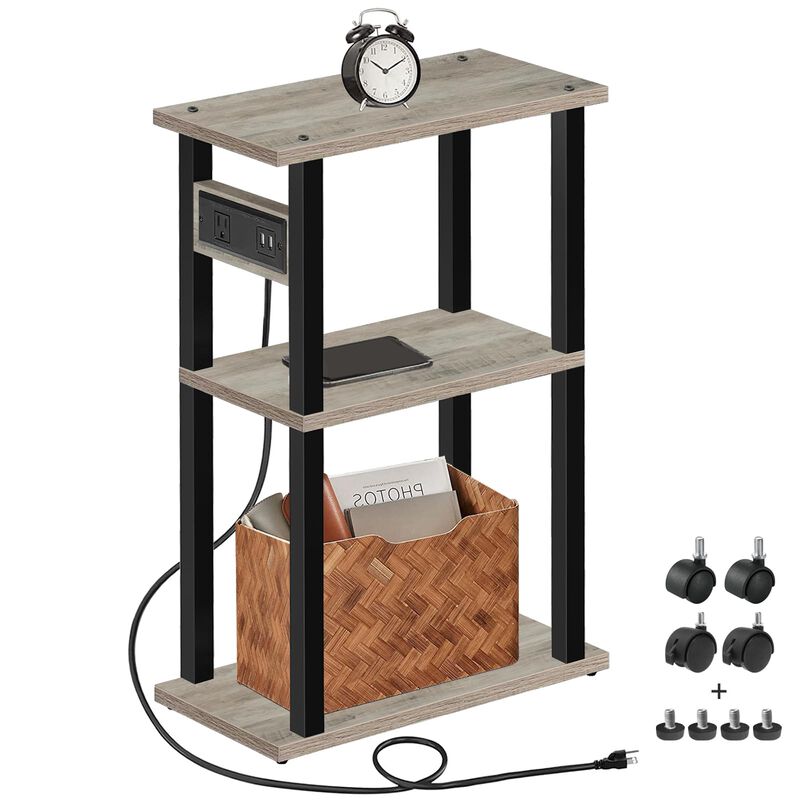 TUTOTAK Small Narrow Side Table with Charging Station, Skinny End Table for Small Spaces, Slim Nightstand with USB Ports and Out