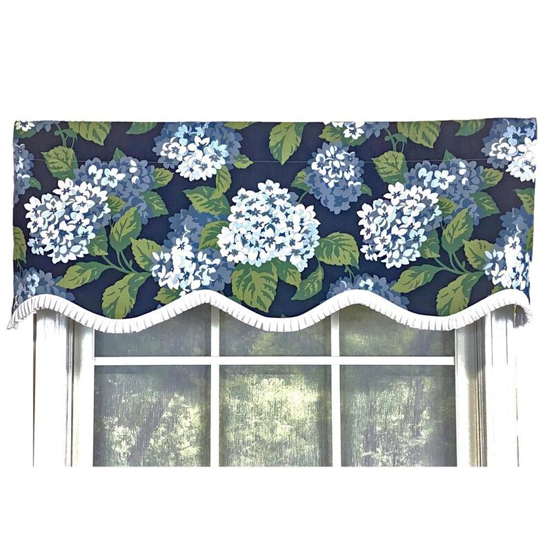 RLF Home Hydrangea Ruffled Provance valance Navy. 3" Rod Pocket 50"W x 17"L