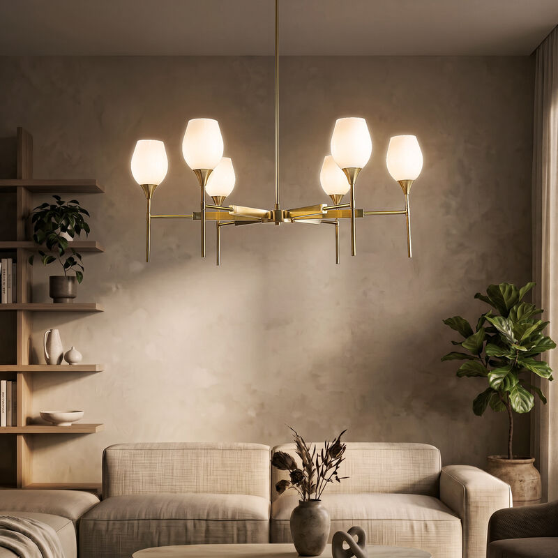 6-Light Classic Warm Brass Chandelier with Opal Glass Shades For Dining Room image number 3