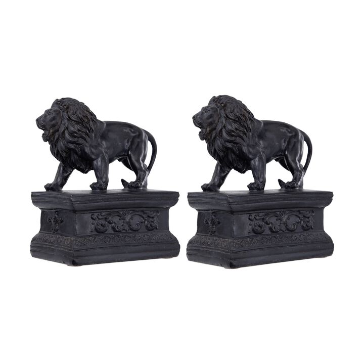 Ari Set of 2 Classic Bookends, Lion Statuette Figurines, Glossy Black Resin - Benzara