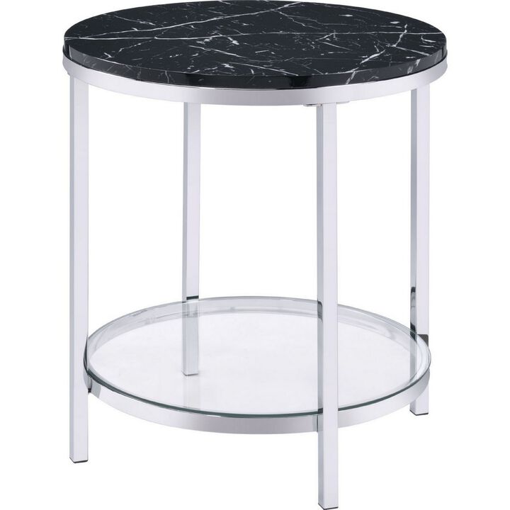 End Table with Round Faux Marble Top and Glass Shelf, Black-Benzara