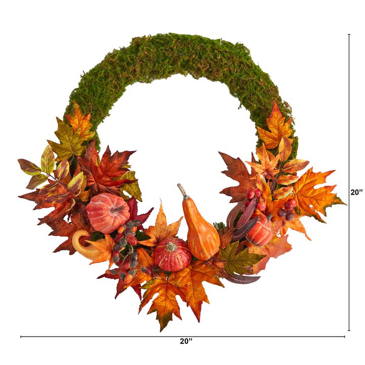 HomPlanti 20" Autumn Pumpkin, Gourd and Fall Maple Leaf Artificial Wreath