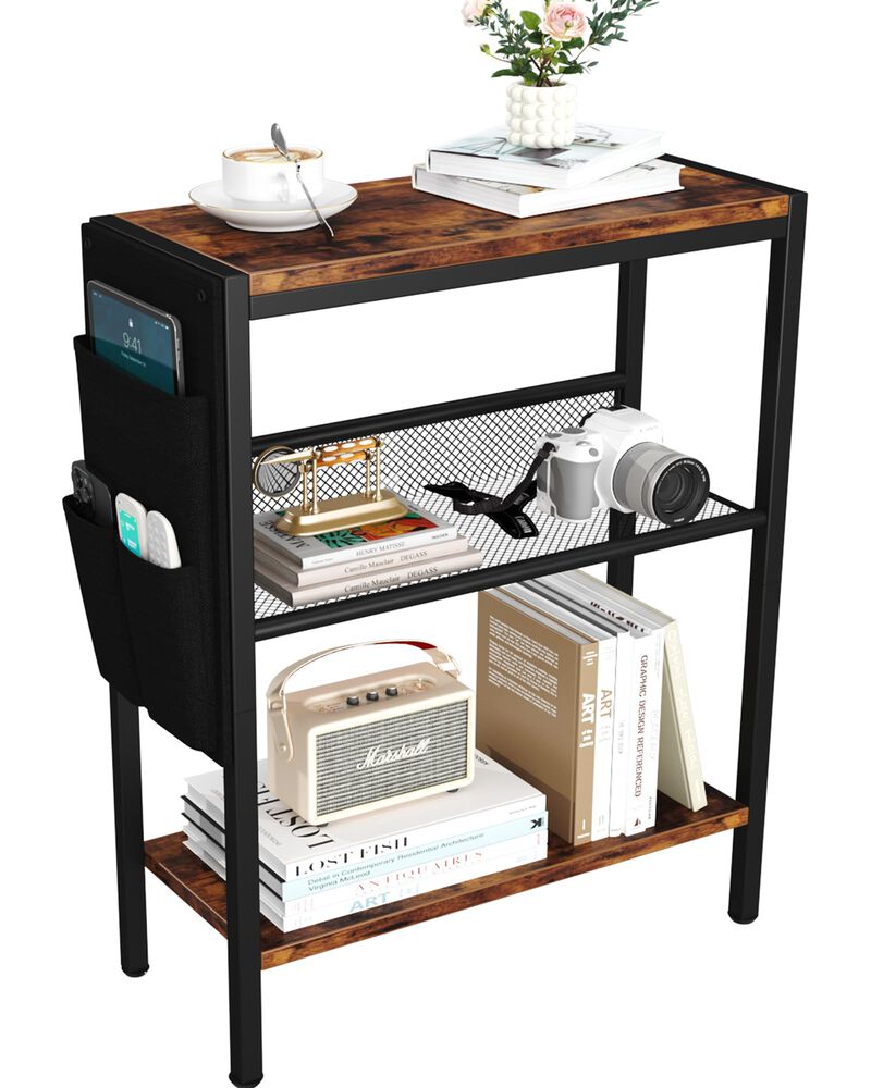 Yusong Small Narrow Side Table for Small Spaces, Slim End Table with Storage Bag, Sofa Snack Table with Adjustable Metal Mesh, 3