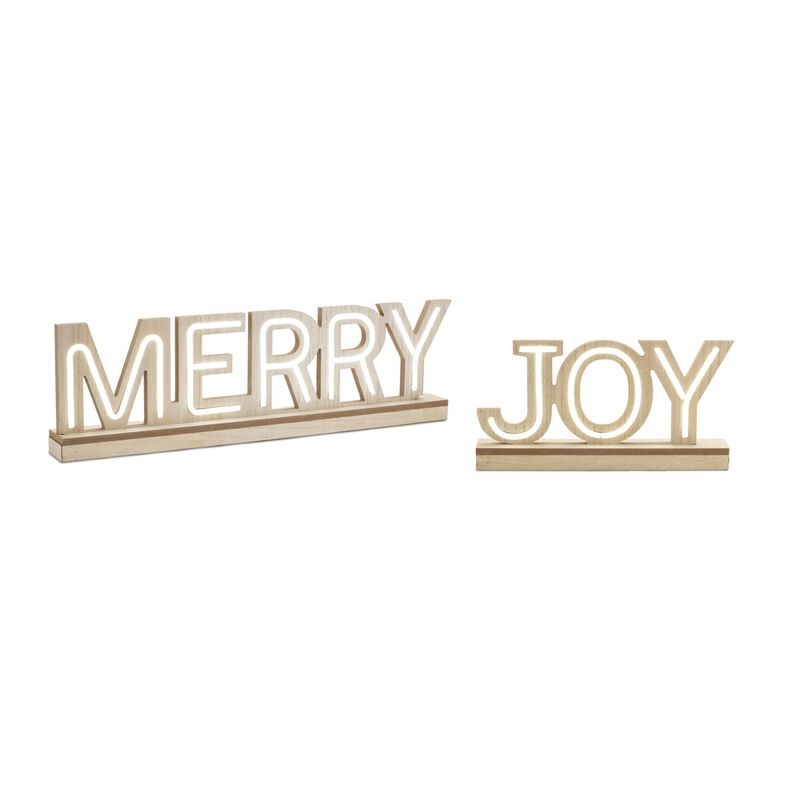Set of 2 LED Holiday Signs for Table or Shelf Featuring Joy and Merry Messages