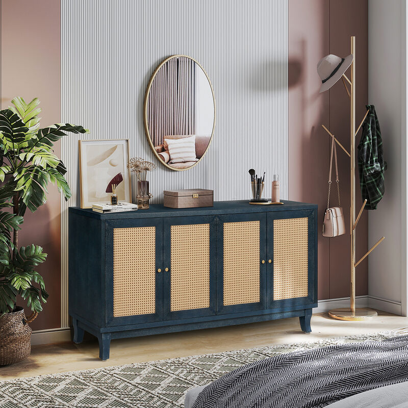 TATEUS Handcrafted Grain Panel Rattan Credenza, 4 Doors Modern Storage Console Adjustable Shelves Living Room image number 1