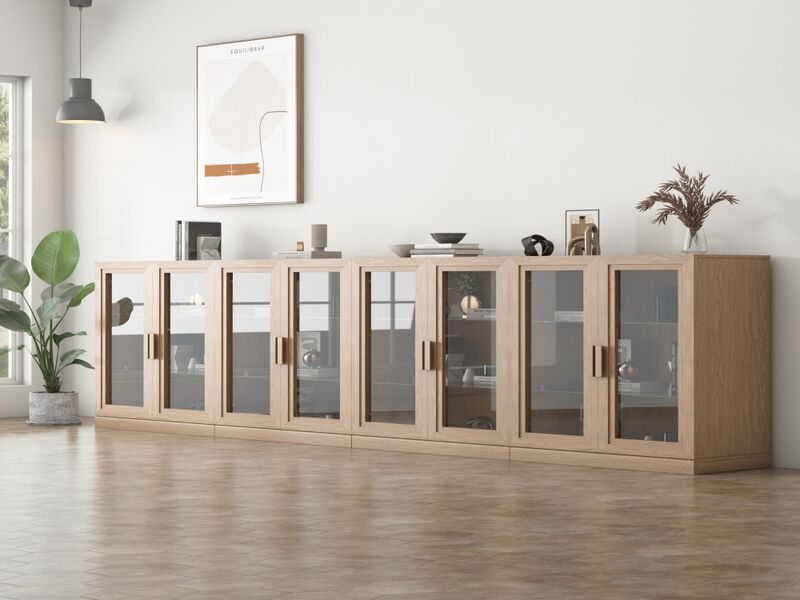 72" High Glass Door Wood Grain Decorative Storage Cabinet Display Cabinet, with Sufficient Space for 12 Shelves image number 3