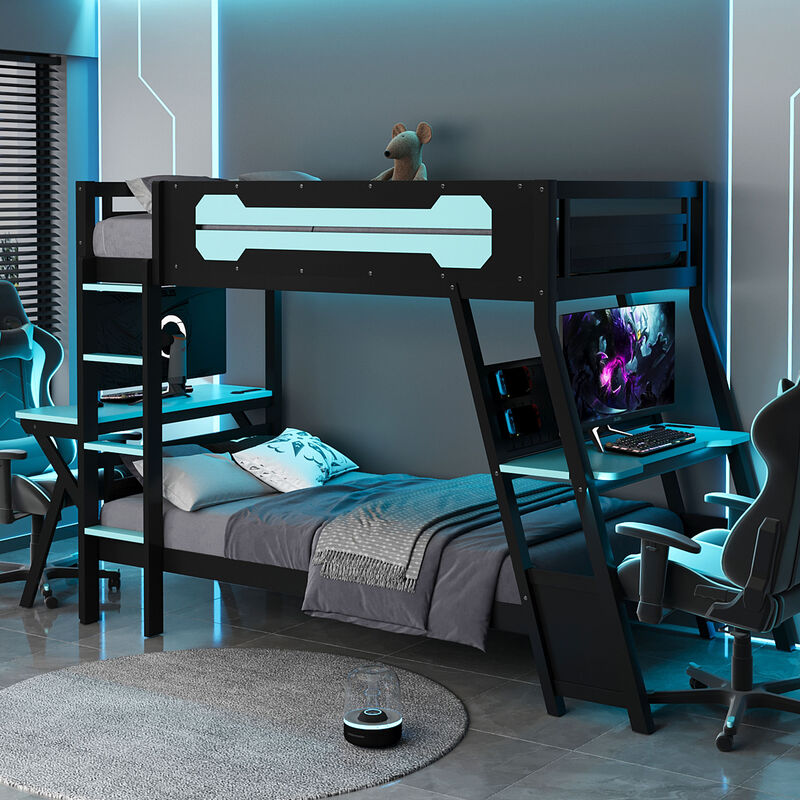 Merax E-Sports Themed Twin over Full Bunk Bed with Dual Gaming Desks image number 2