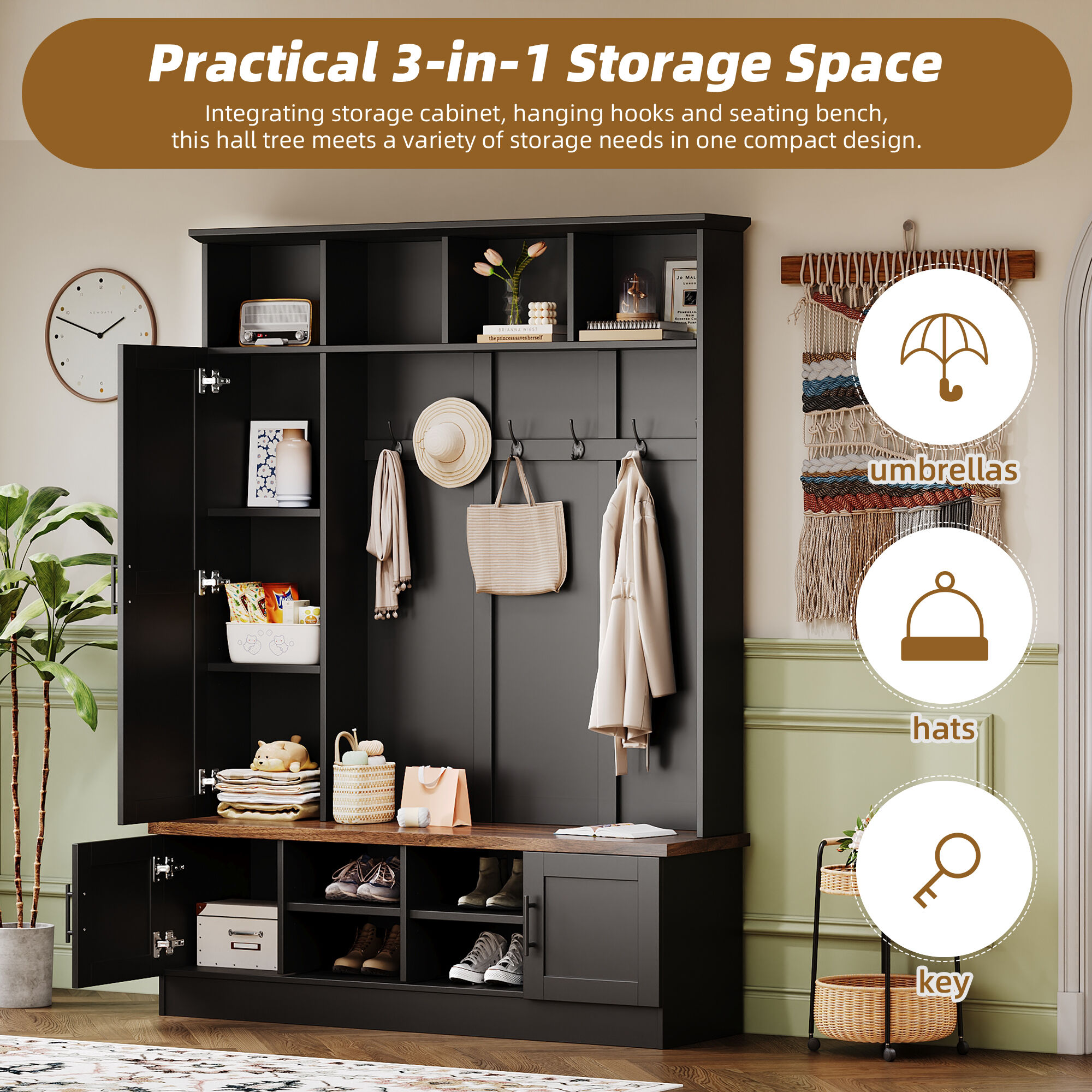 Versatile Entryway Hall Tree with Storage Bench