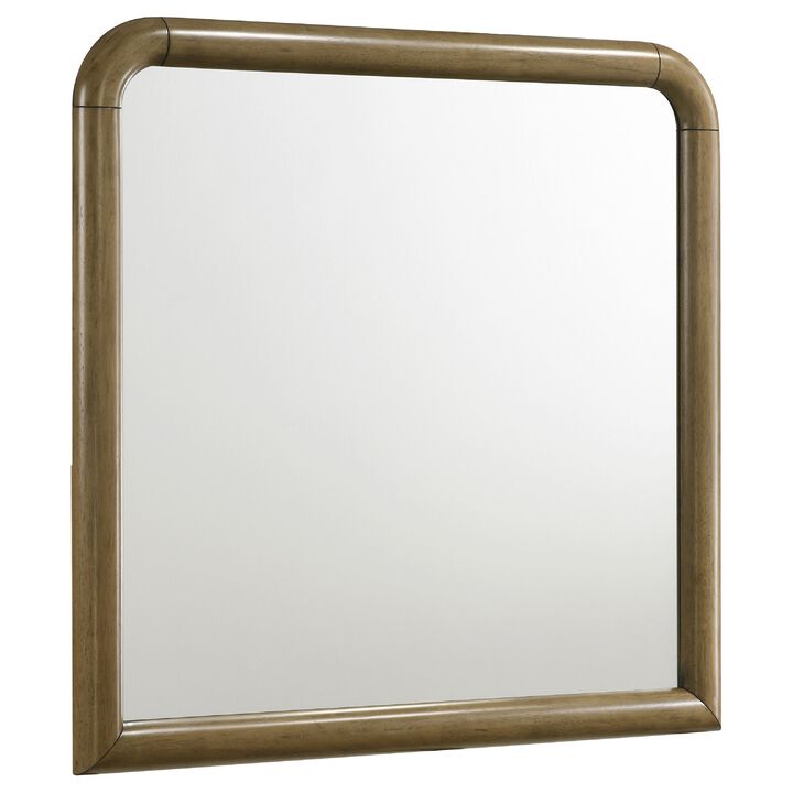 Deon Dresser Mirror, Brown Wood, Round Frame with Curved Top, 37 Inch - Benzara