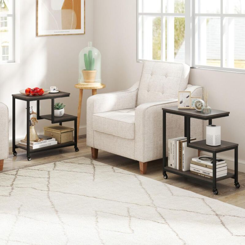 Hivvago G-shaped Side Table 3-Tier Mobile End Table with Open Shelves