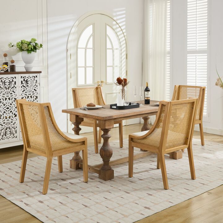 Whisen Rattan Dining Chairs, Solid Rubberwood Frame with Armrest, Linen Upholstered Seat, Set of 2 for Kitchen Living Room