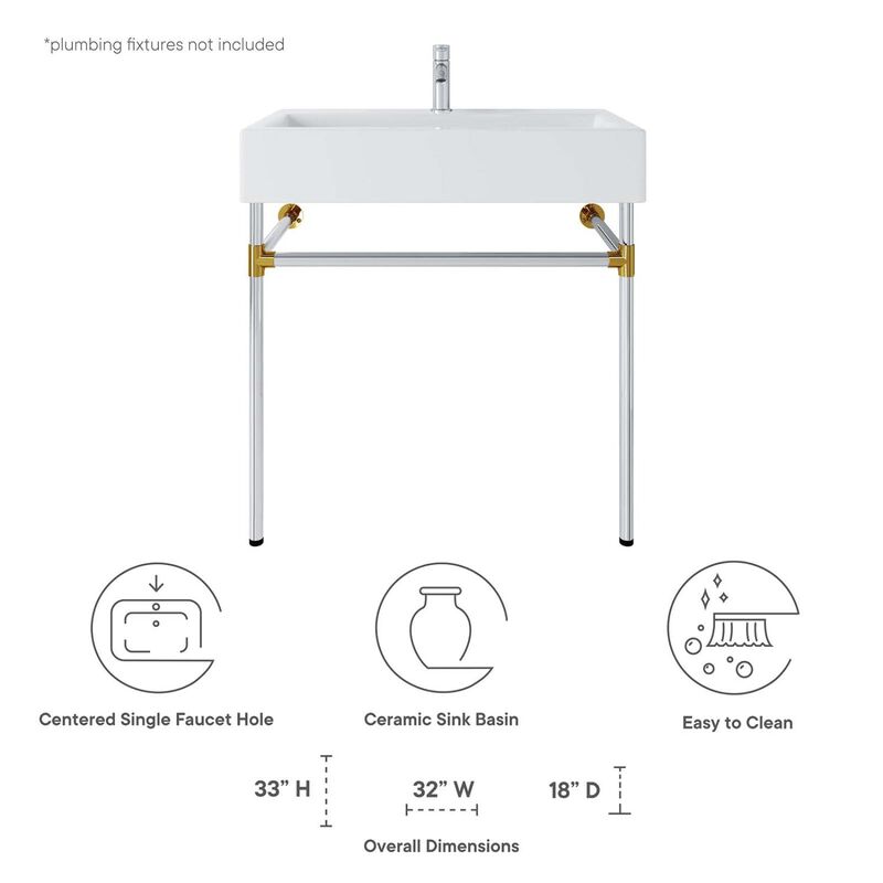 Modway Redeem 32" Wall-Mount Stainless Steel Bathroom Vanity in Silver/White image number 7