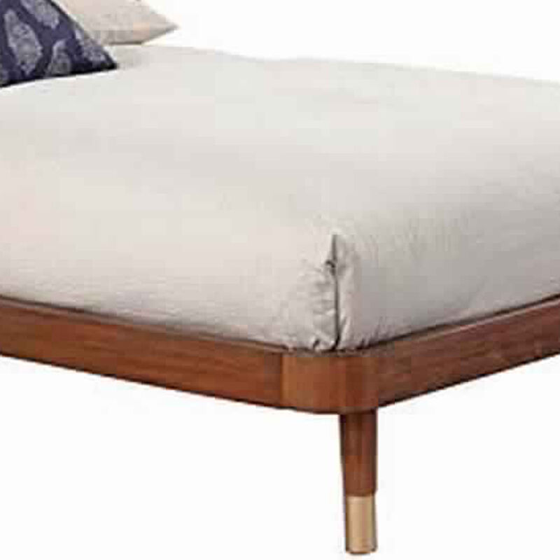 California King Platform Bed with Slat Back Rattan Headboard, Brown - Benzara