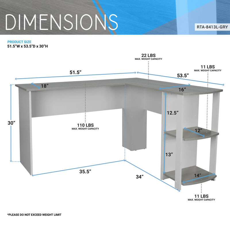 Modern L-Shaped Desk with Side Shelves, Grey image number 2