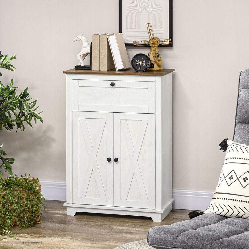 HOMCOM Farmhouse Barn Door Accent Cabinet, Kitchen Sideboard Storage Cabinet with Double Doors, Drawer, and Adjustable Shelf for Bedroom, Living Room, White