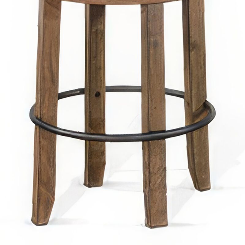 Yael Swivel Backless Barstool Set of 2, Gray Faux Leather, Brown Wood - Benzara