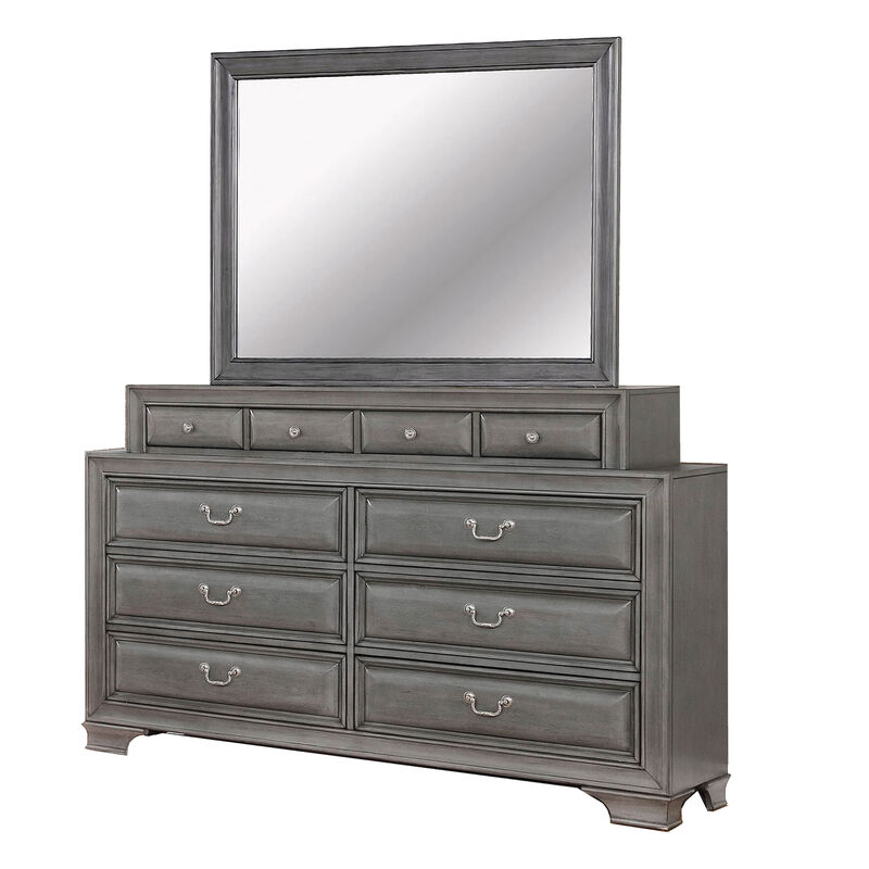 Lio Four Piece Queen Size Bedroom Set, Gray Wood Inlay Design, Nickel Metal Handles - Benzara