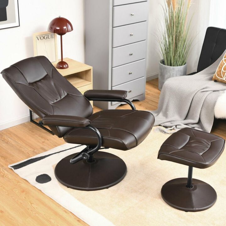 360° PVC Leather Swivel Recliner Chair with Ottoman-Brown