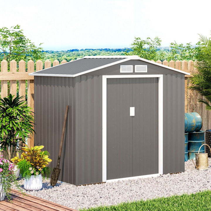 7' x 4' Garden Storage Shed Metal Outdoor Backyard Garden Utility Storage Tool Shed Kit - Grey/White