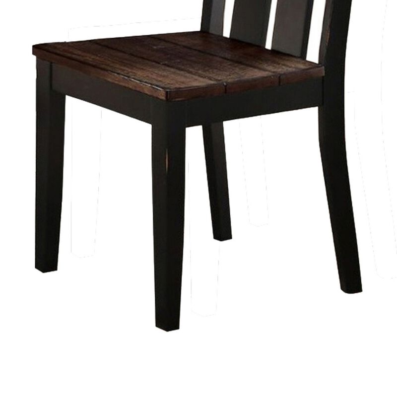 Rubber Wood Dining Chair With Slatted Back, Set Of 2, Brown And Black-Benzara