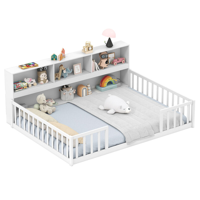 Montessori Floor Bed with Bookcase, Kids' Bed with Storage for Easy Access