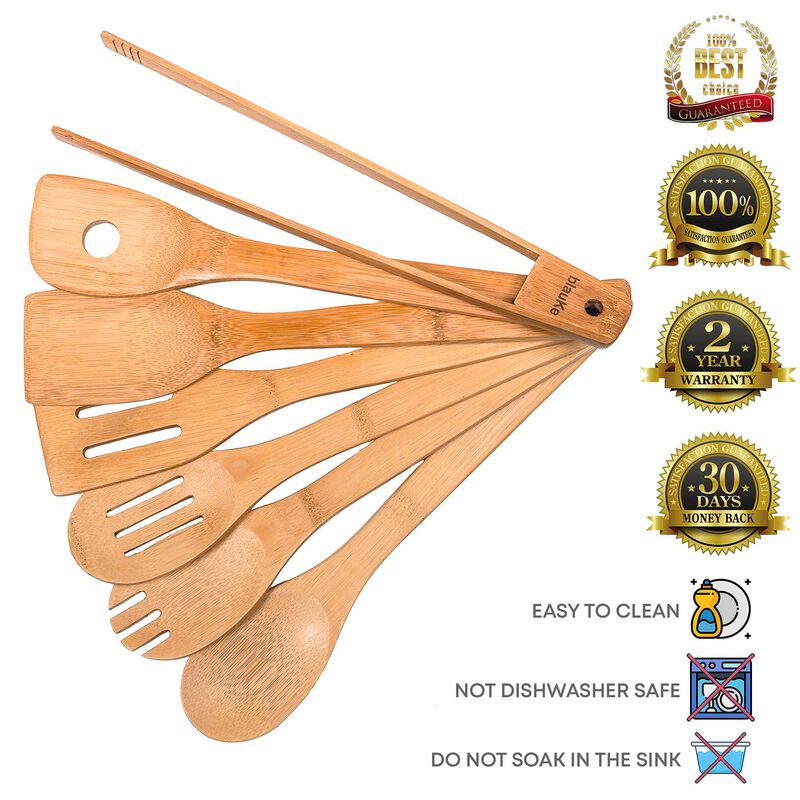 Wooden Spoons for Cooking 7-Pack - Bamboo Kitchen Utensils Set for Nonstick Cookware