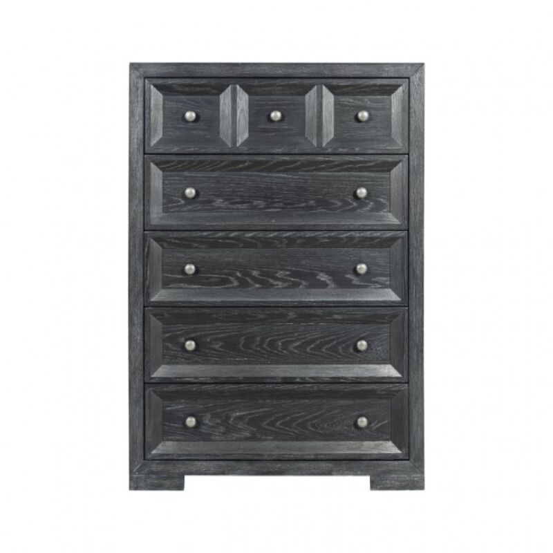 Kizie Tall Dresser Chest, 5 Drawers, Weathered Black Solid Rubberwood - Benzara