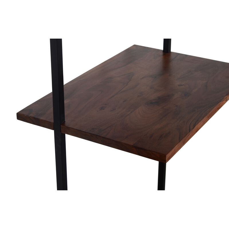 Industrial 3 Tier Mango Wood Ladder Storage Wall Shelf with Tubular Frame, Brown and Black - Benzara