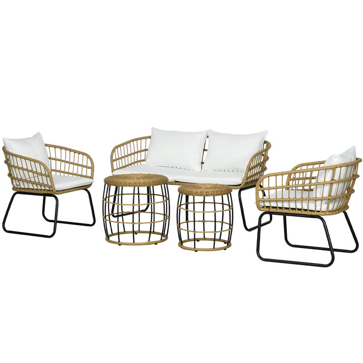 Outsunny 5 Piece PE Rattan Outdoor Furniture Set with Cushioned Chairs & Loveseat Sofa, Patio Sectional Furniture Set, Conversation Sofa Set with Stackable Coffee Tables, Cream White