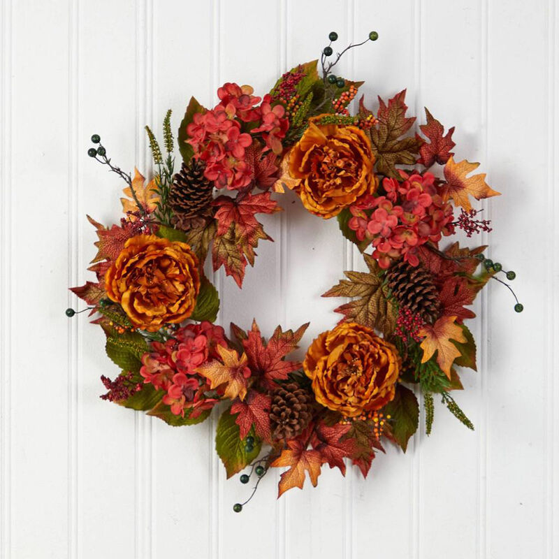 Nearly Natural 25-in Fall Ranunculus, Hydrangea and Berries Autumn Artificial Wreath