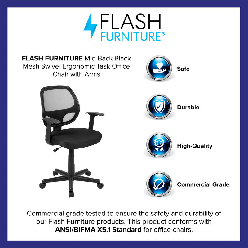Flash Fundamentals Mid-Back Black Mesh Swivel Ergonomic Task Office Chair with Arms image number 3