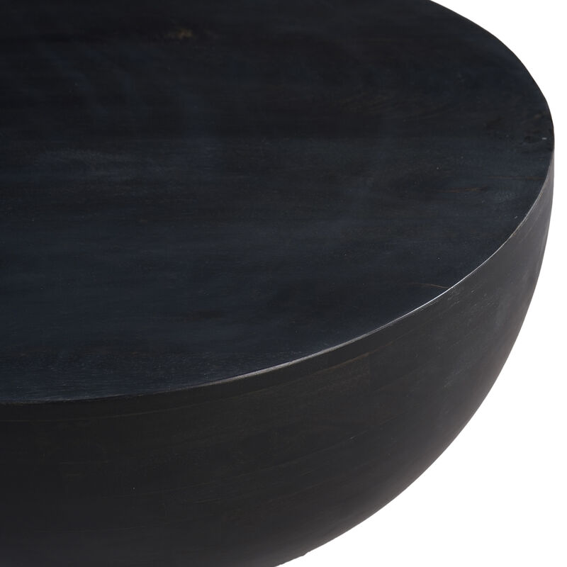 30 Inch Modern Art Coffee Table, Round Drum Shape, Solid Mango Wood, Matte Black