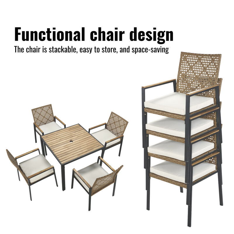 5-Piece Outdoor Patio Dining Table Set, Durable Acacia Wood Table Top with Rattan Chairs and Umbrella Hole image number 1