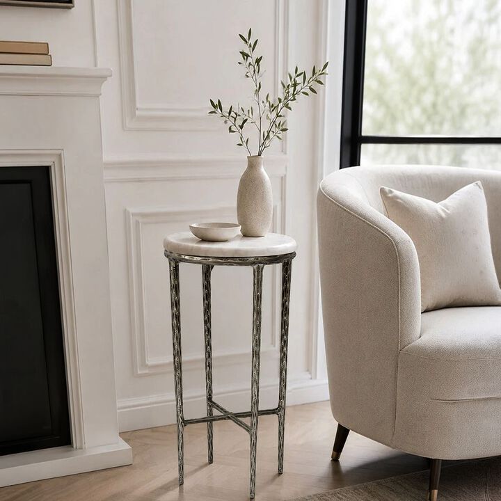 Minza Accent Side End Table, Modern Marble Round Top, Hand Forged, Hammered Antique Finish