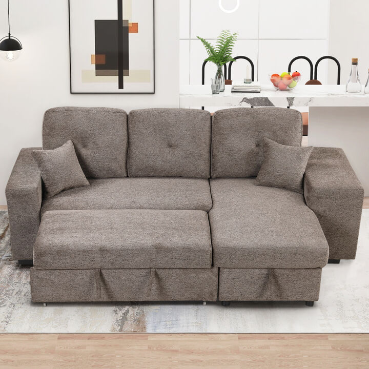 Reversible Sleeper Sectional Sofa Bed with Side Shelf and 2 Stools, Pull-Out L-Shaped Sofa Bed, Corner Sofa-Bed with Storage Chaise Left/Right Hande for Living Room, Knox Charcoal