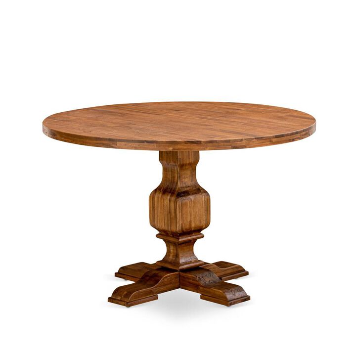 East West Furniture IRVING Round Dining Table with Pedestal, Rustic Rubberwood Table in Sandblasting Antique Walnut