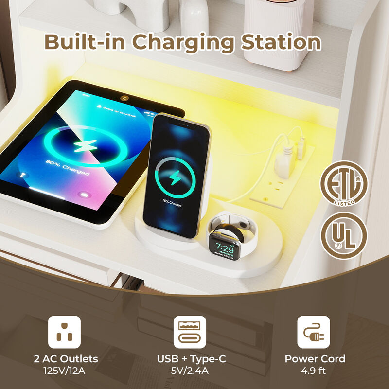 Nightstand End Table with LED Light and Charging Station for Bedroom and Living Room image number 6