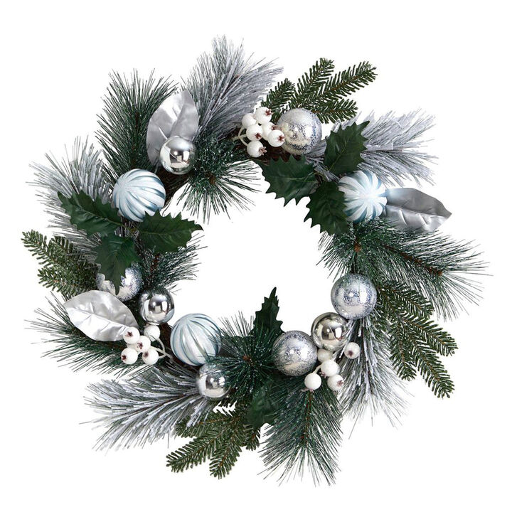 Nearly Natural 24-in Assorted Snow Tipped Pine, Pinecones and Berries Artificial Christmas Wreath with Silver Ornaments