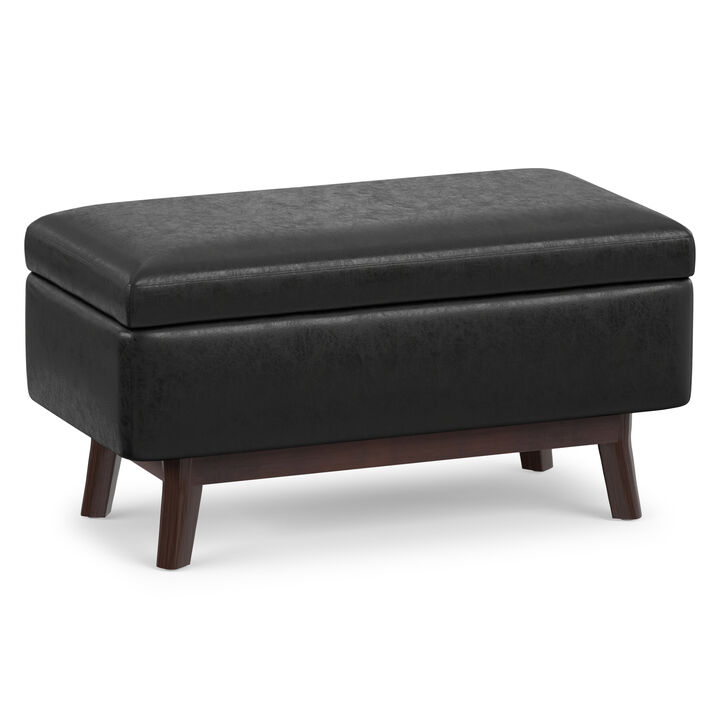 Owen 36 inch Wide Mid Century Modern Rectangle Small Rectangular Storage Ottoman in Distressed Black Vegan Faux Leather, Assembled