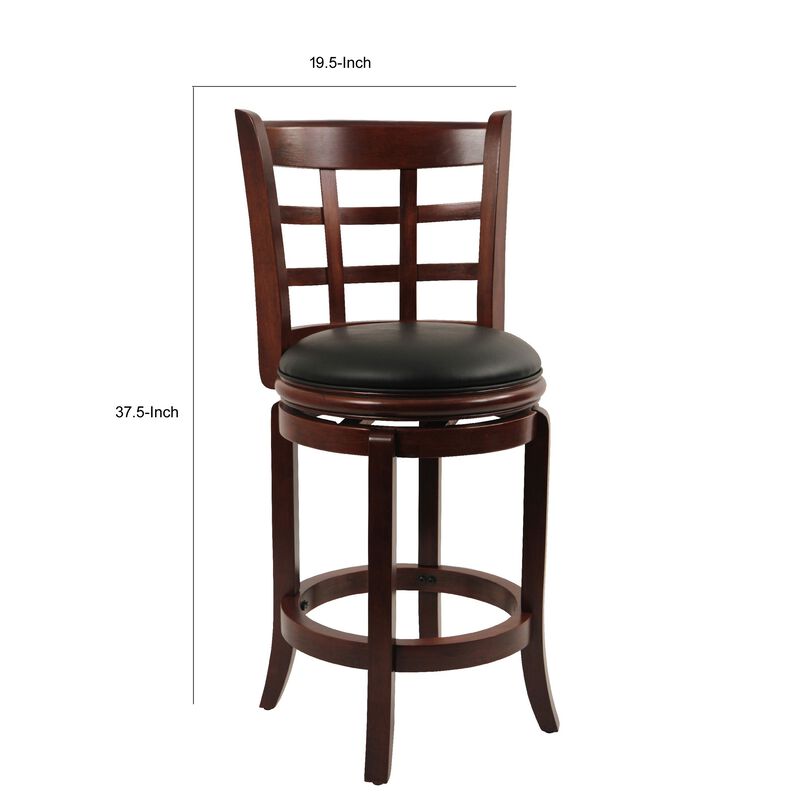 Sabi 24 inch Swivel Counter Stool, Solid Wood, Faux Leather, Brown, Black - Benzara