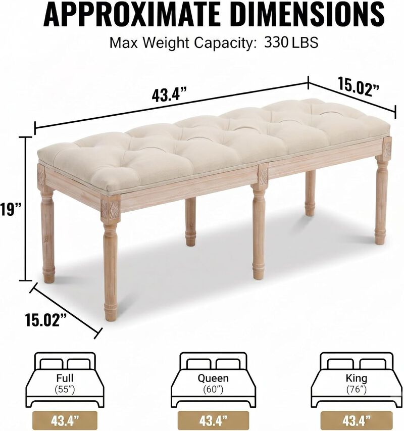 Envelor French Tufted Linen Entryway Bench with Wood Legs, 47.2 in. image number 4