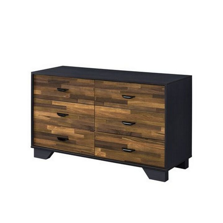 Dresser with 6 Drawers and Butcher Block Pattern, Brown and Gray-Benzara