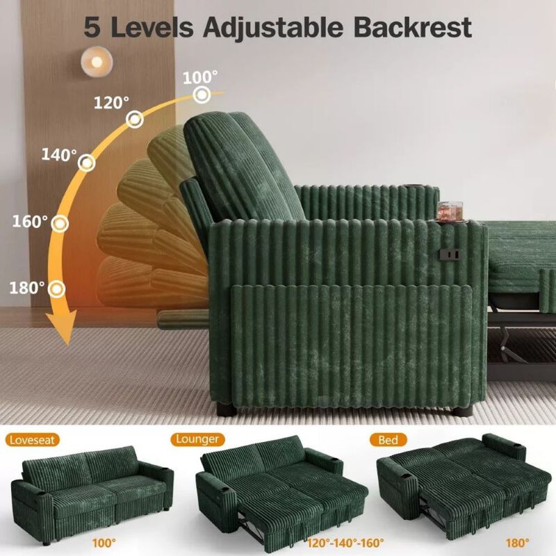 91" Convertible Sleeper Sofa Bed, Loveseat with 5-Level Reclining Backrest, Pull-Out Bed, USB Ports image number 2