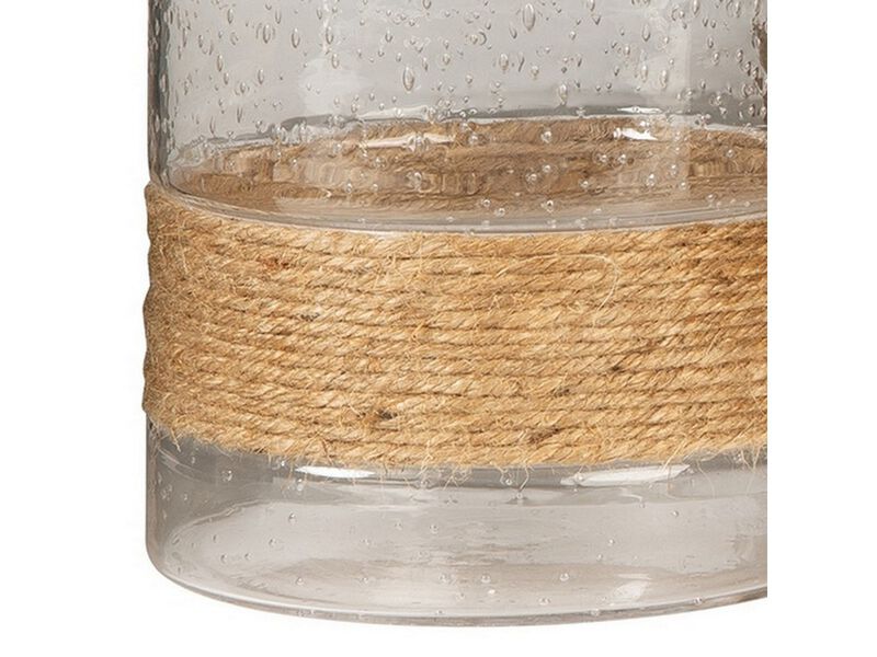 Candle Holder with Seeded Glass Hurricane and Rope, Set of 2,  Clear - Benzara